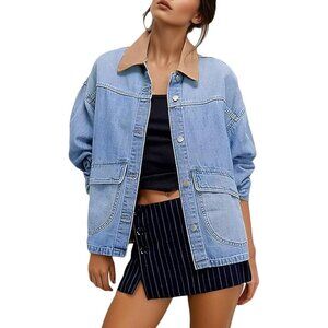 Women Jean Jacket Trendy Color Block Oversized Denim Shirt Long Sleeve